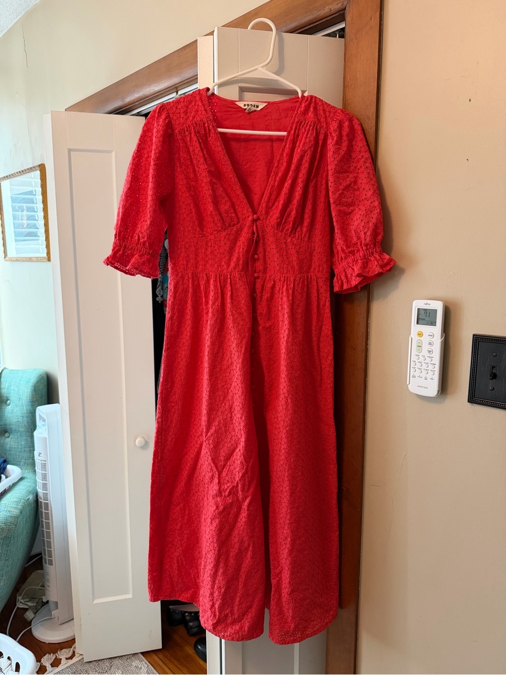Boden Red Button-Front Midi Dress with Ruffled Sleeves